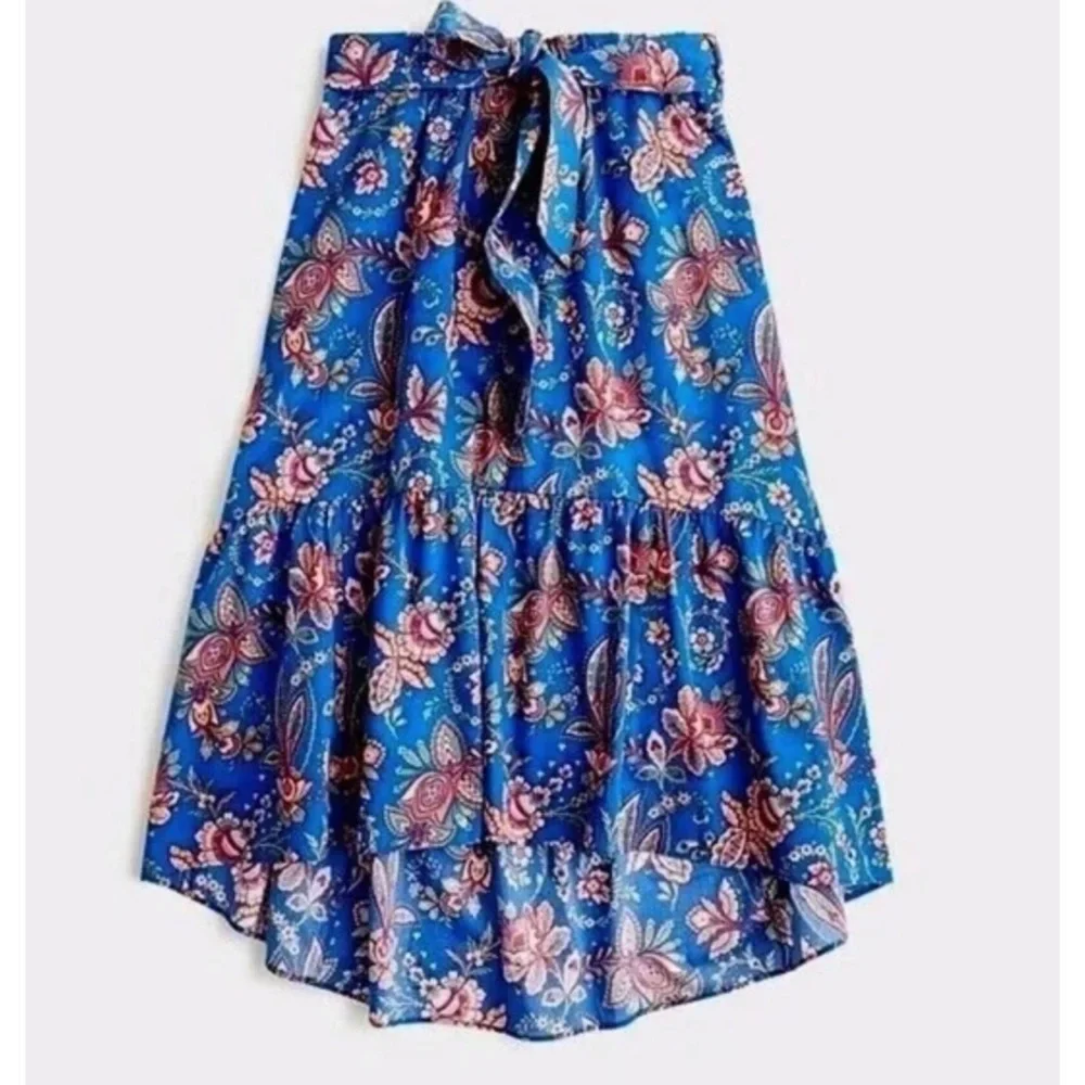 J Crew Liberty Fabric Flora Belle Blue Belted Pull-On Boho Peasant Midi Skirt 00